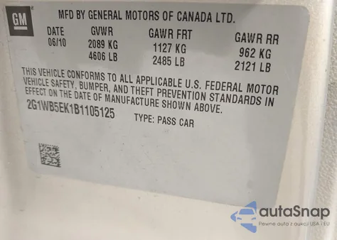 2011 Chevrolet Impala Lt z USA, uszkodzony, nr VIN 2G1WB5EK1B1105125